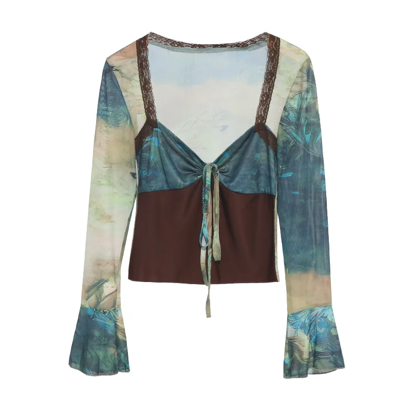 Uveng 2023 Spring Dress French Court Style Lace With Lace Stitched Print Horn Long-Sleeved T-Shirt 82236