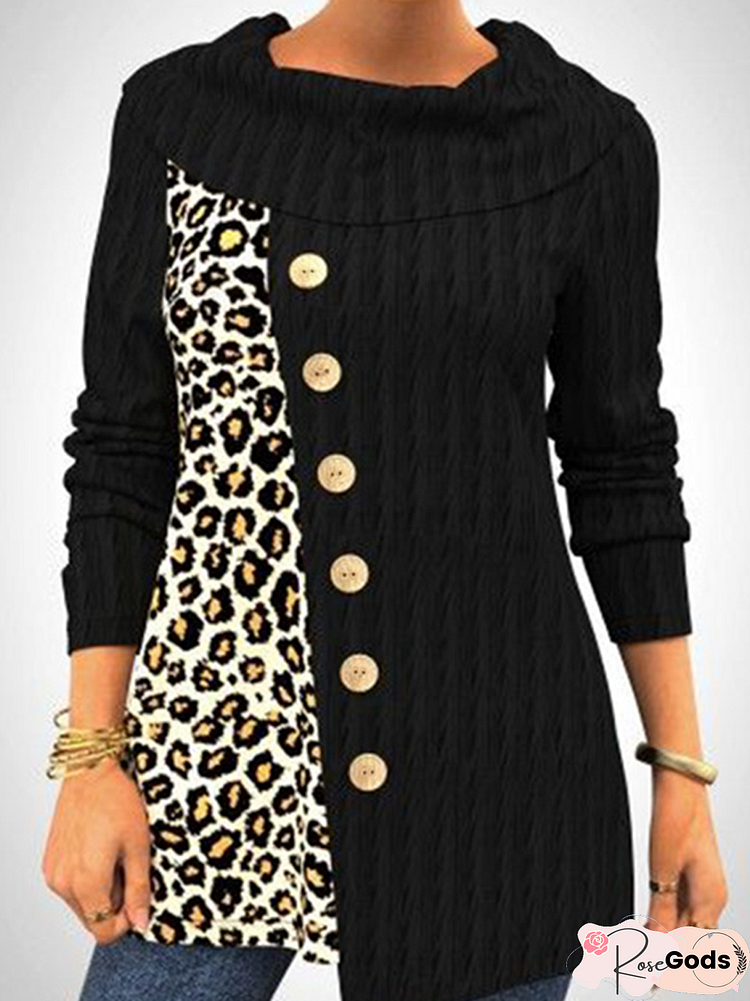 Long Sleeve Large Lapel Black Twist Print Stitched Leopard Medium Length Top T-Shirt
