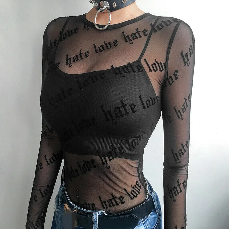 Sexy Gothic Punk Women Mesh T-Shirts See-through Perspective Letter Print Long Sleeve Tops Casual Slim T-Shirt Top Girls Outwear