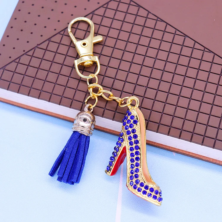 Custom Metal Navy Blue Diamond Crystal Inlay Tassel Chain Women High Heel Shoe Pendant Key Chains For Bag