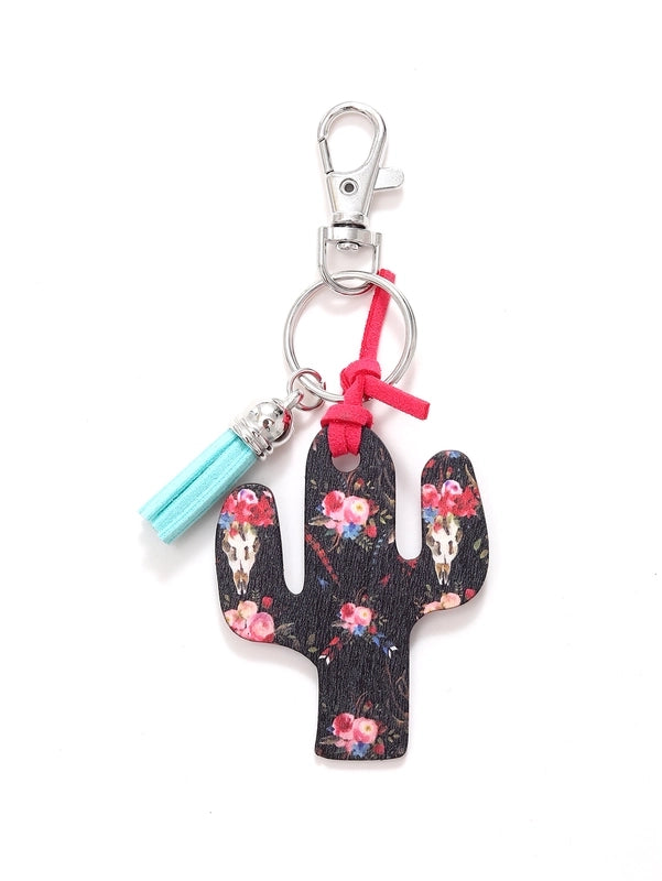 Classic Style Commute Cactus Printing Wood Bag Pendant Keychain