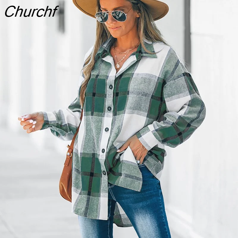 Churchf PETAL Brown Plaid Long Sleeve Blouse For Woman Casual Button Up Shirts Top 2023 Spring Autumn Blouses Streetwear