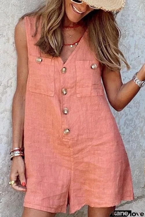 Chic Casual Sleeveless V Neck Buttons Vest Romper