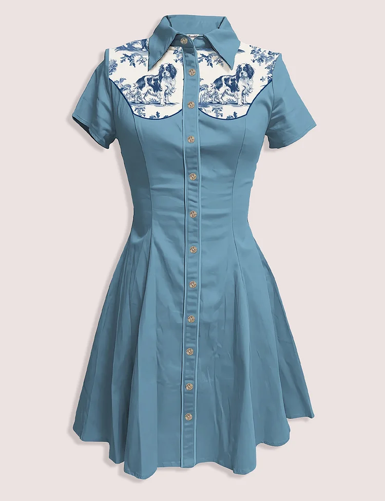 Women’s Cavalier King Charles Spaniel French Dog Lover Button-down Dress Short Sleeves Dress
