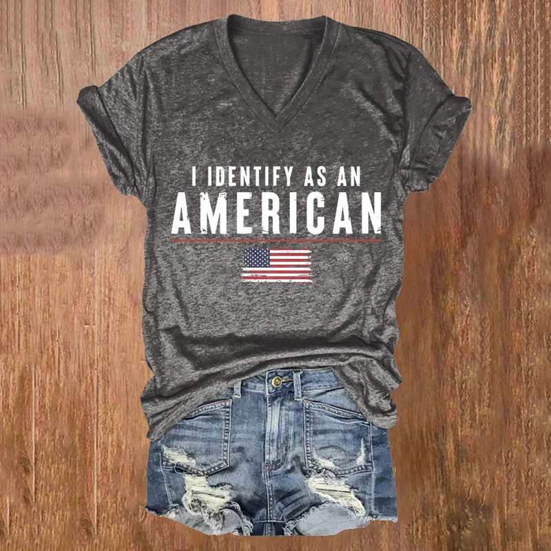 Women's I Identify As An American Print Casual V Neck T-Shirt wearshes