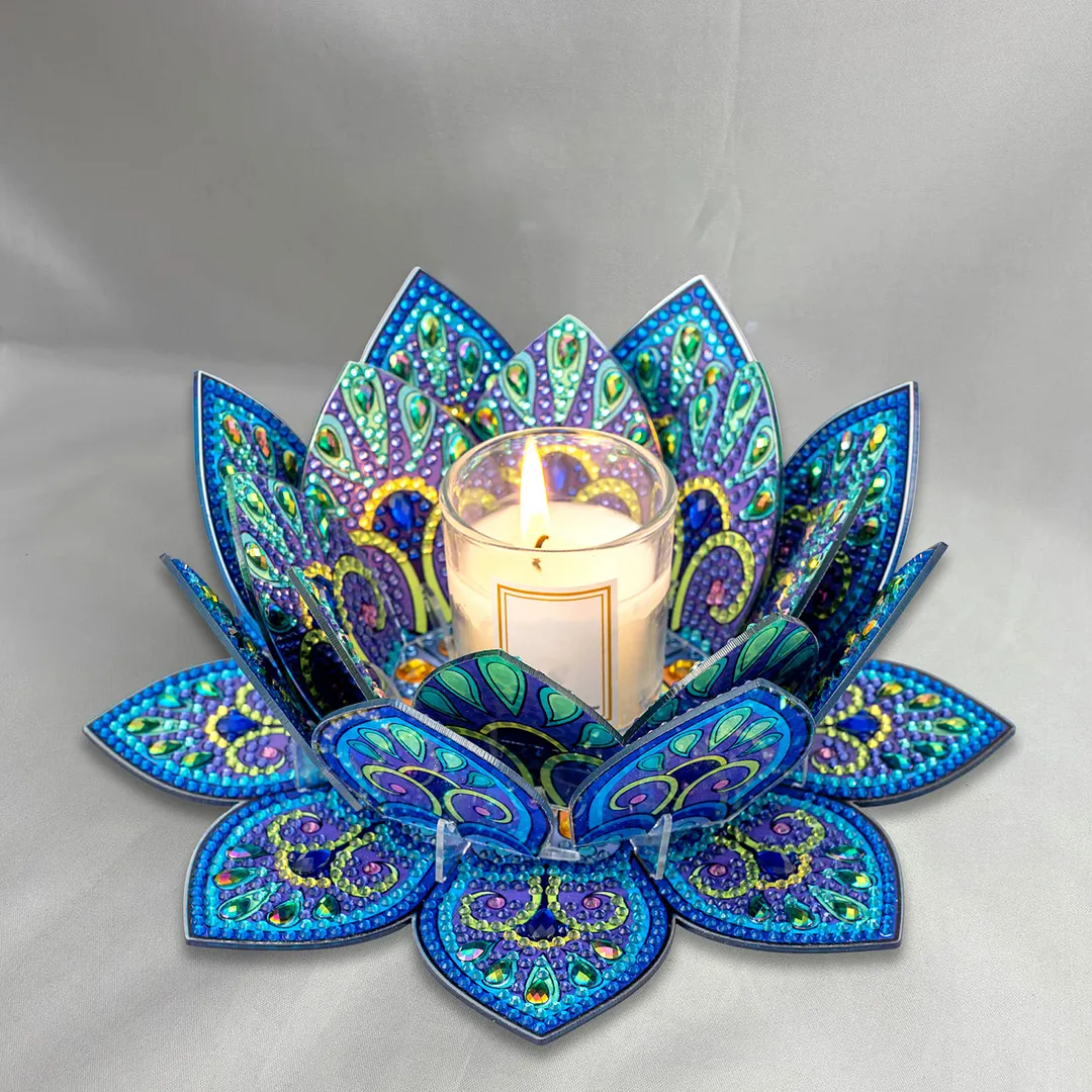 5D DIY Diamond Art Painting DIY Acrylic Desktop Ornament Flower Candle Holders Tealight Handmade Home Office Decor for Adults Beginners (Blue Lotus-A)