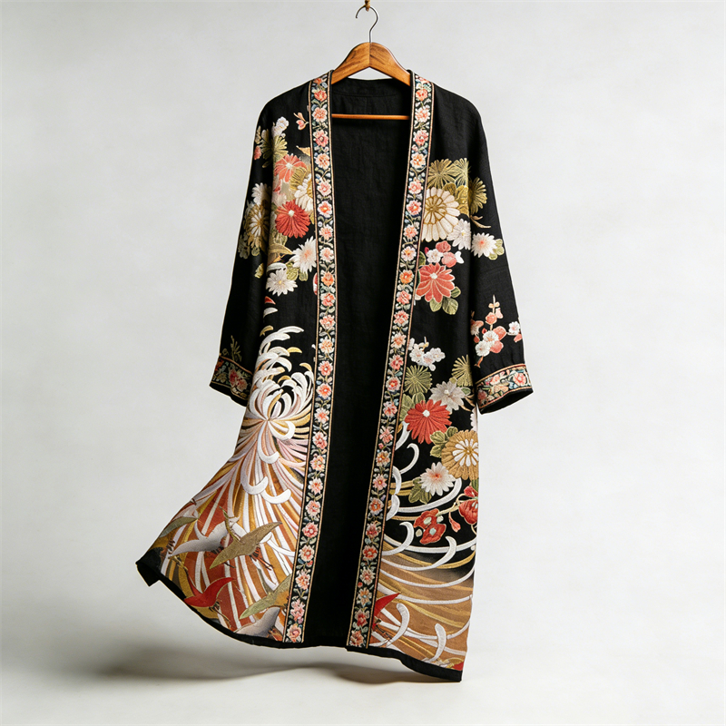 Japanese Chrysanthemum Floral Art Flowy Long Linen Kimono wearshes