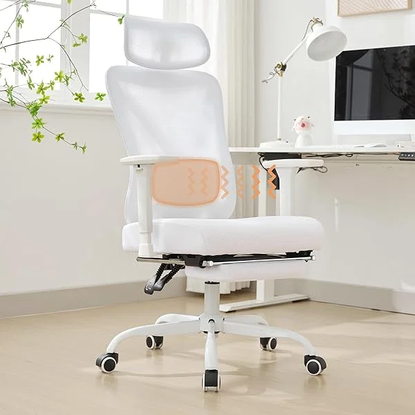 Ergonomic Office Chair with Automatic Induction Massage, High Back Mesh Office Chair with Adjustable 2D Headrest & 3D Armrests, Reclining Office Chair with Footrest for Home, Office & Gaming. Black+silver Back