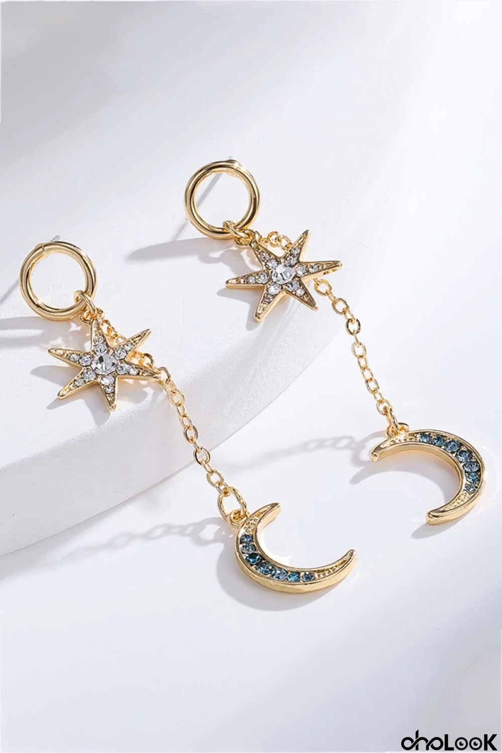 Inlaid Rhinestone Star and Moon Drop Earrings