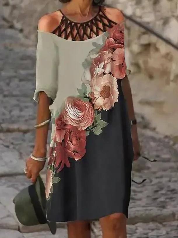 Women's Scoop Neck Short Sleeve Half Sleeve Printed Midi Dress