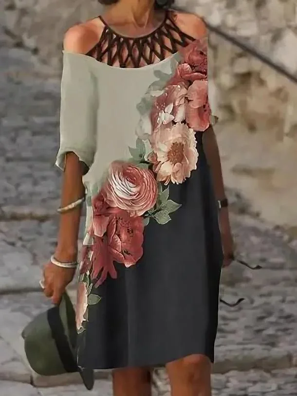 Women's Scoop Neck Short Sleeve Half Sleeve Printed Midi Dress