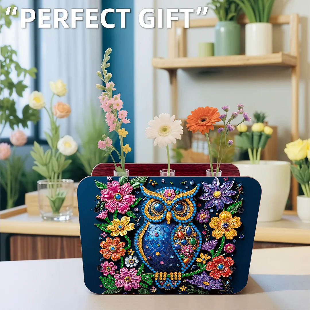 Gem Owl DIY Diamond Painting Wooden Tube Vase for Adults Gift Idea Home Decor