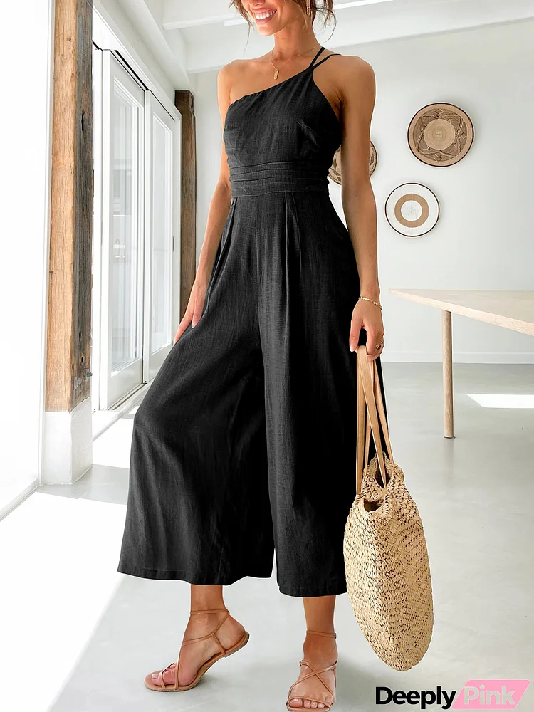 One Shoulder Pleated High Waist Casual Jumpsuit Romper with Pockets