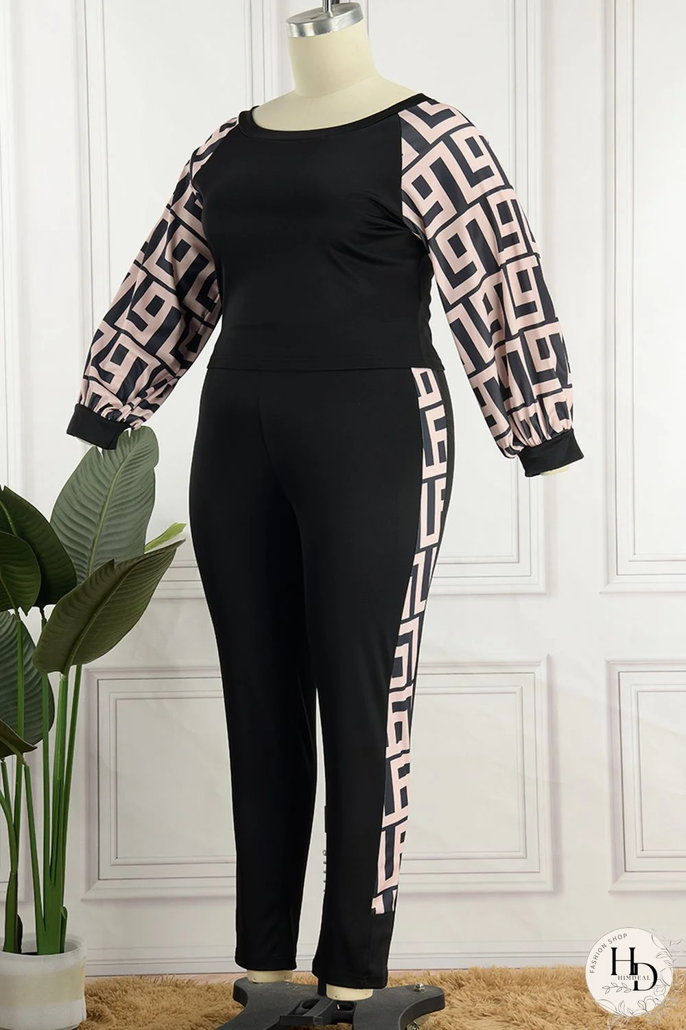 Burgundy Sexy Casual Print Patchwork Contrast O Neck Long Sleeve Two Pieces