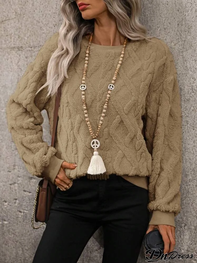 Women Solid Color Round Neck Long Sleeve Casual Fleece Sweatshirt