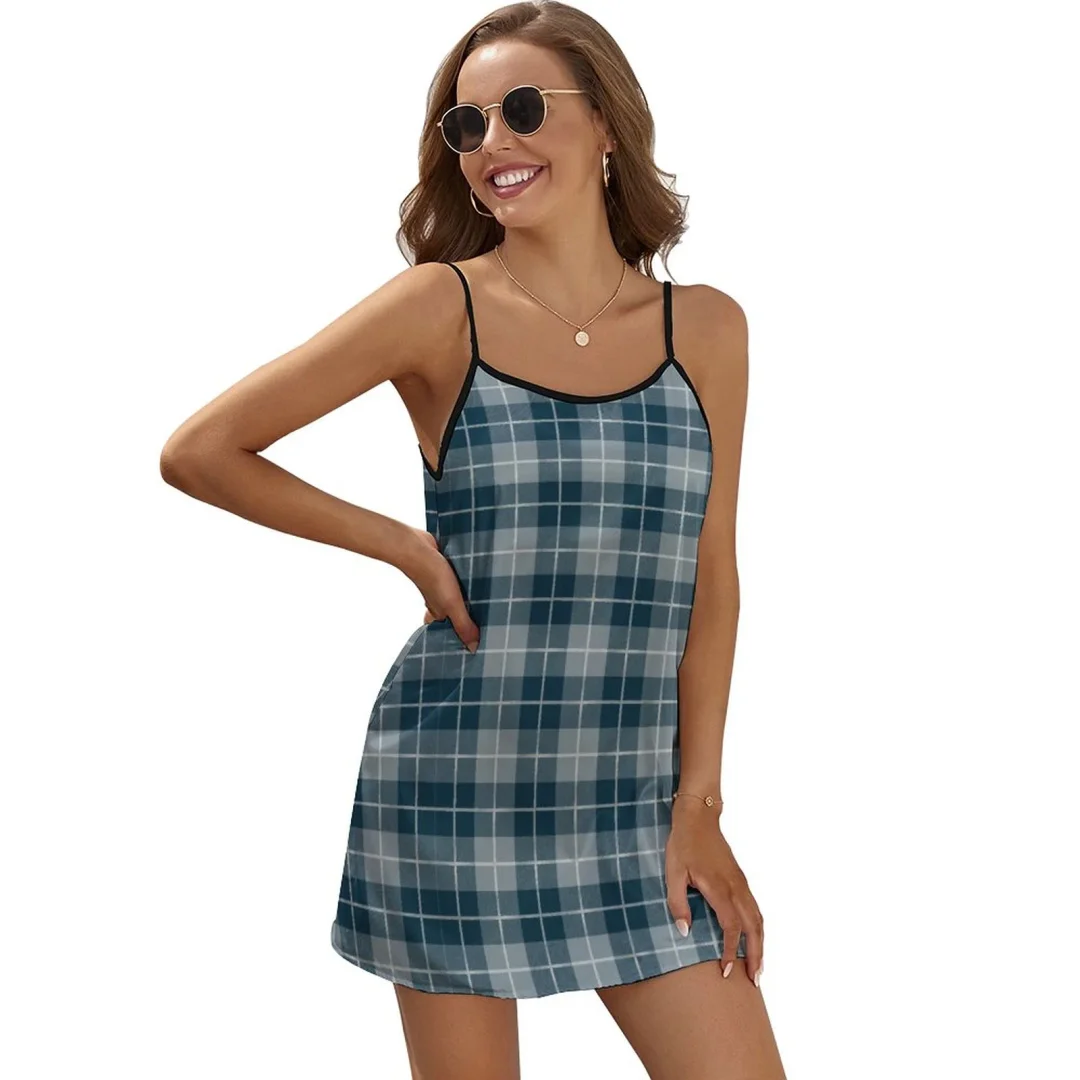 Classic Blue Jean Plaid Grid Women Satin Dress