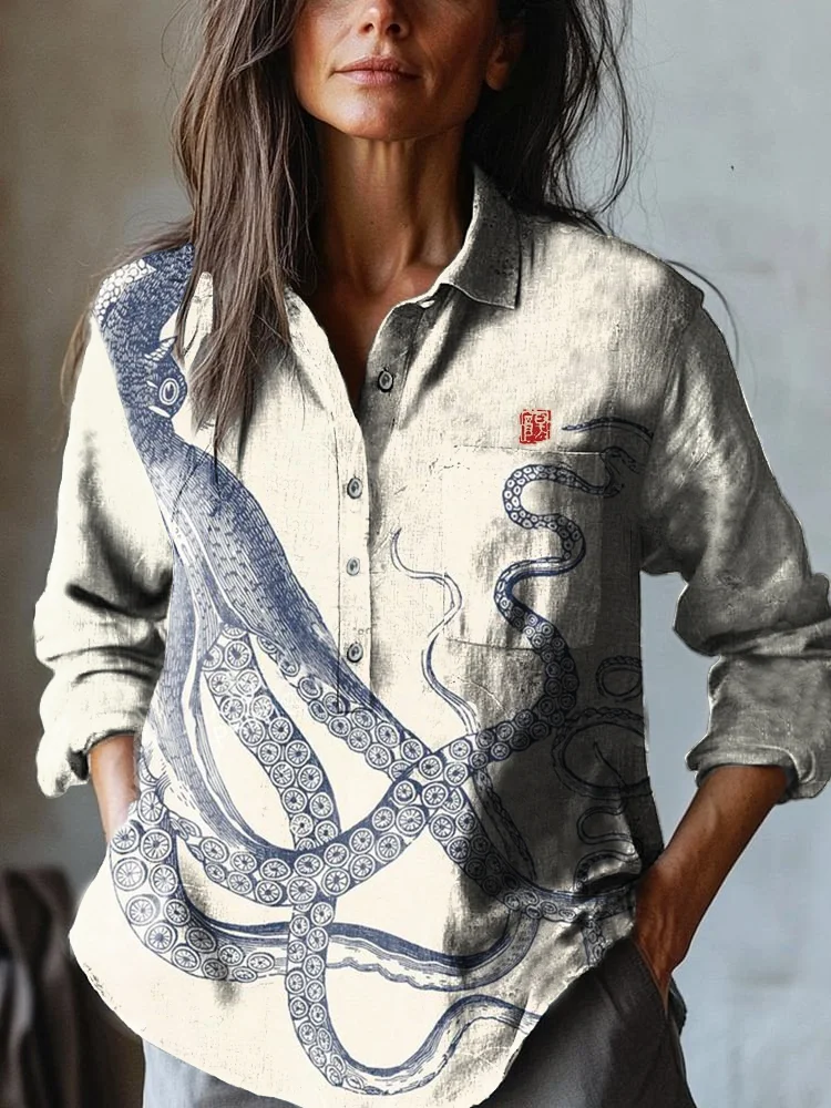 Women's Vintage Cactus Flower Art Print Casual Cotton And Linen Shirt