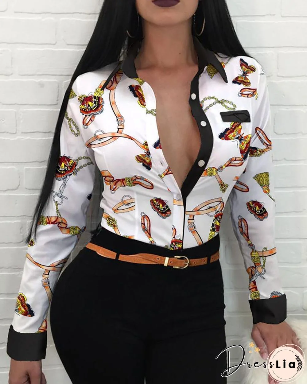 Button Design Chain Print Long Sleeve Shirt P10394