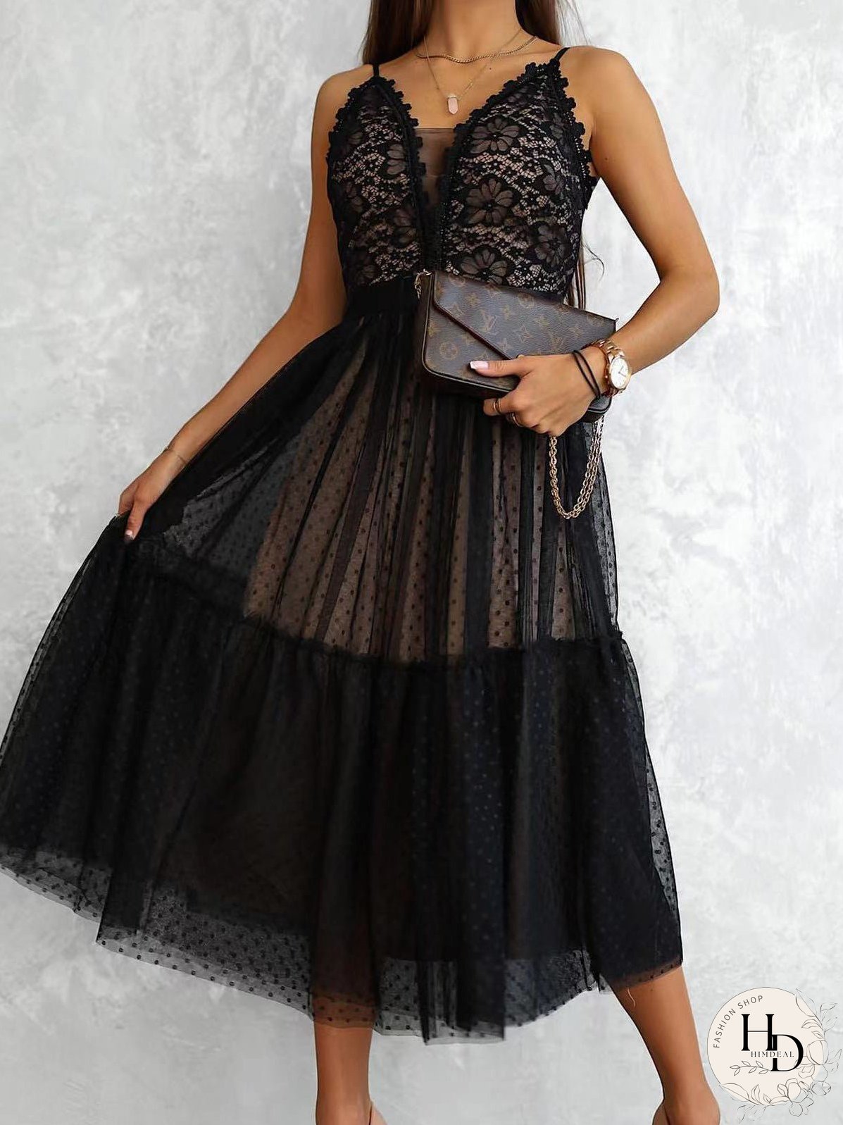 Dresses Sling V-Neck Polka Dot Lace Mesh Dress for Women