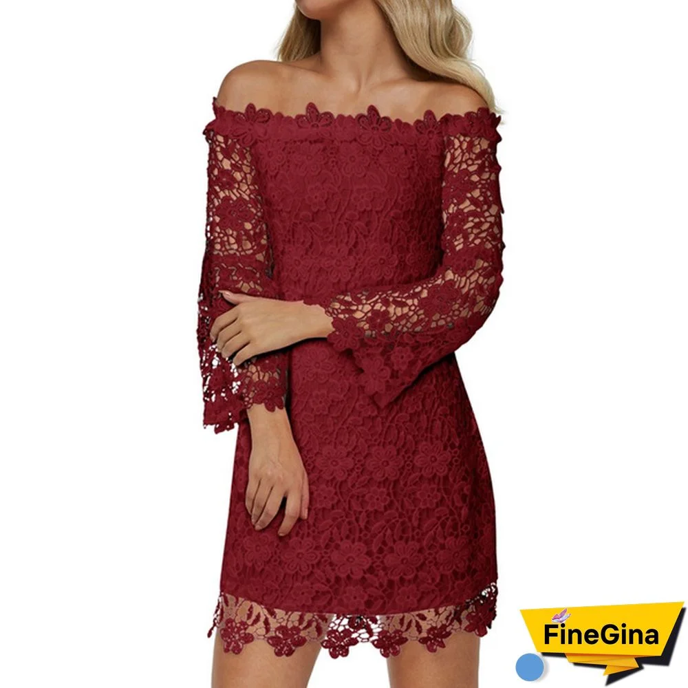 Women Crochet Lace Mini Dress Off Shoulder Long Sleeve Hollow Out Party Elegant Bodycon Short Dress