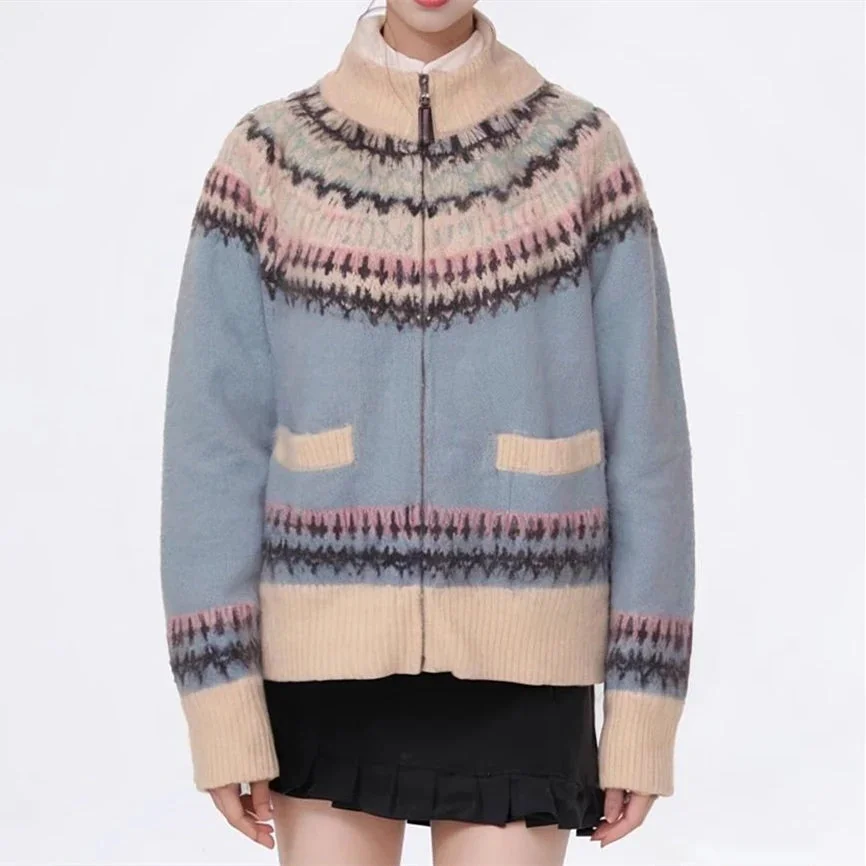 Toloer Blue Printed Stand Collar Knitted Cardigan-Outfit Ideas