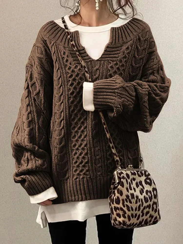 Casual Knit V Neck Linen Pattern Sweater