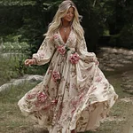 Women's Vintage Rose Embroidery Art Casual V Neck Long Sleeve Maxi Dress - Image 2