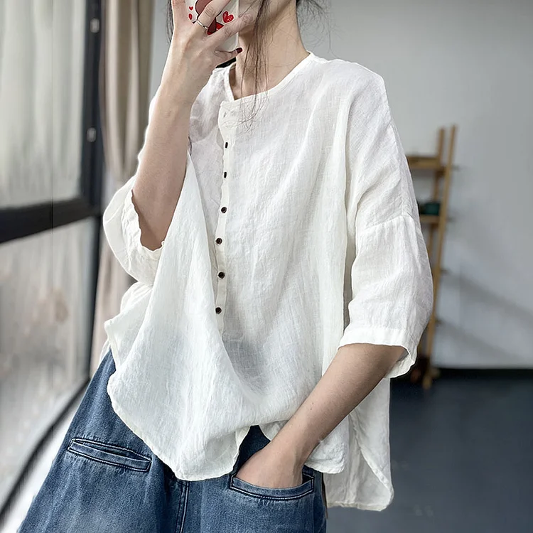 Vintage Plain Crew Neck Button Cotton Linen Casual Shirt
