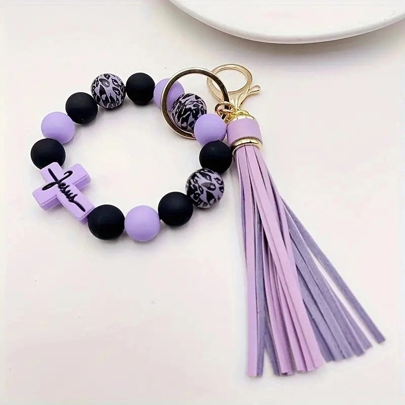 Casual Classic Style Cross Tassel Alloy Wooden Beads Silica Gel Beaded Keychain