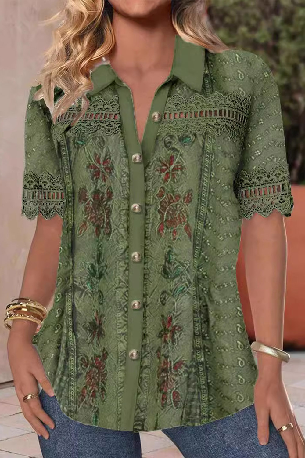 Plus Size Everyday Green Floral Print Shirt Collar Button Lace Trim Blouse 2024 - Flycurvy 