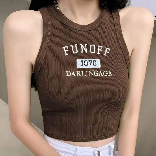 Uveng Ins Letter Embroidery Vest Outside Wearing Round Collar Basic Thin Sports Hottie Top