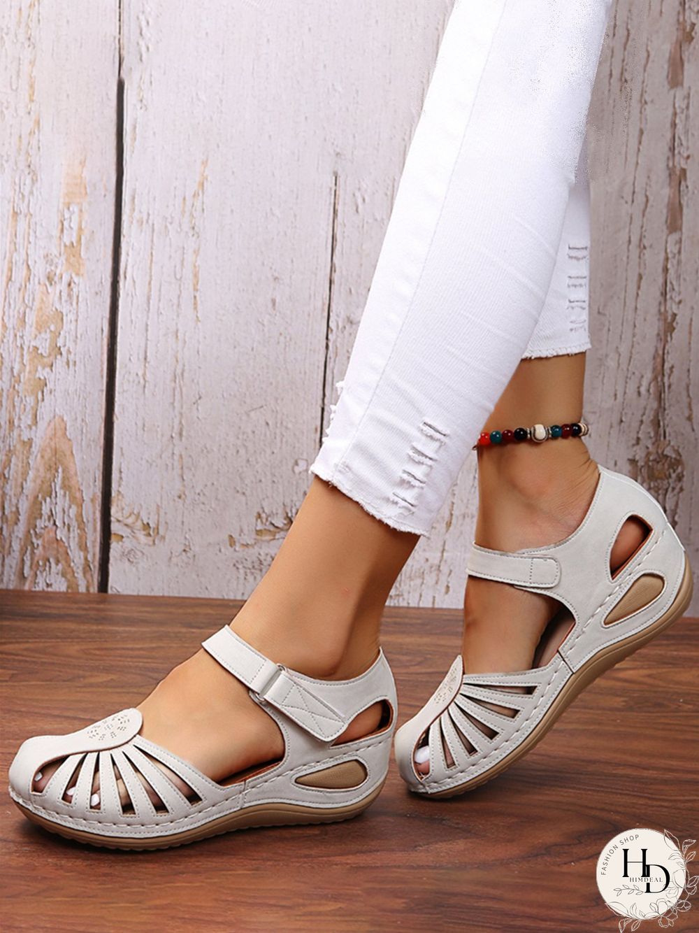 Vintage Floral Cutout Velcro Casual Sandals