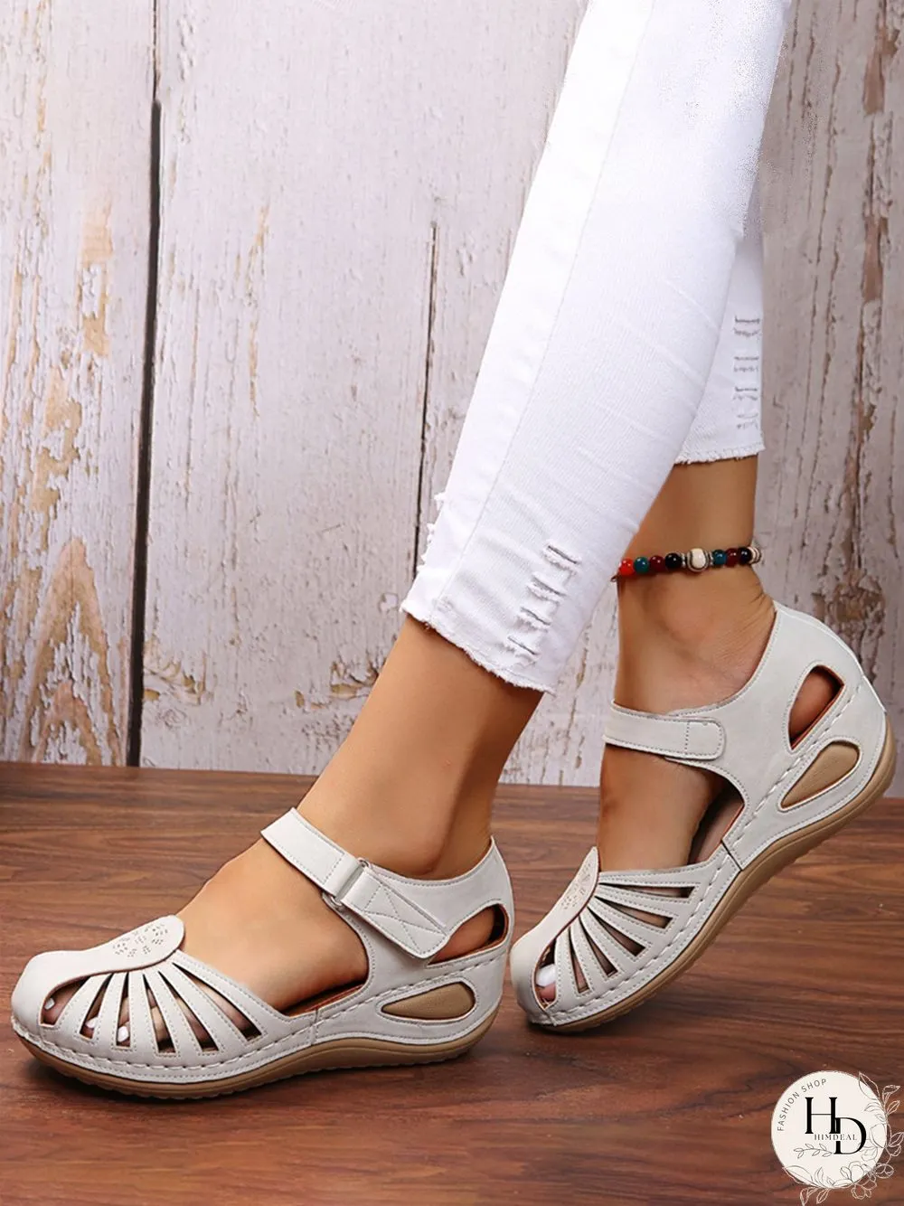 Vintage Floral Cutout Velcro Casual Sandals