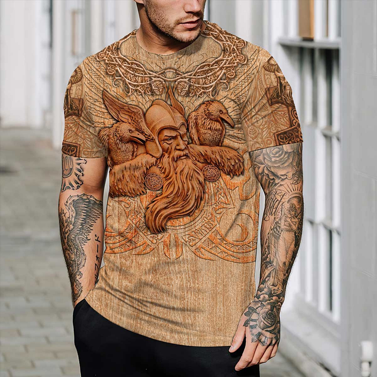 Viking Symbol Raven Tattoo Pattern Summer Short Sleeve Men's T-Shirts at Hiphopee