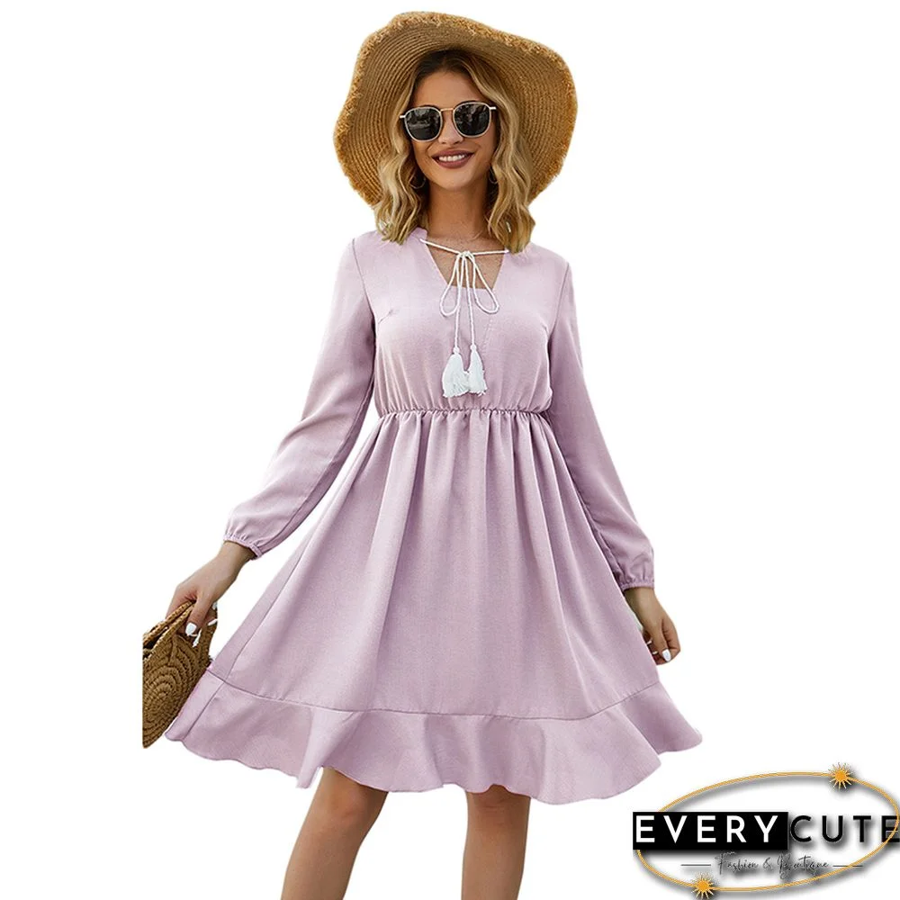 Light Purple Lace Up Long Sleeve Casual Dress
