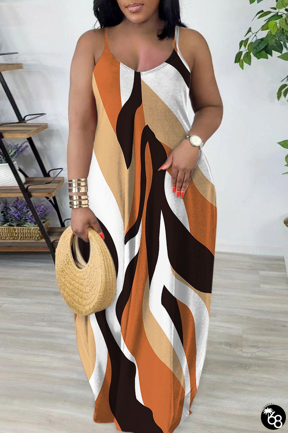 Orange Sexy Casual Print Backless Spaghetti Strap Long Dress Dresses | 168DEAL