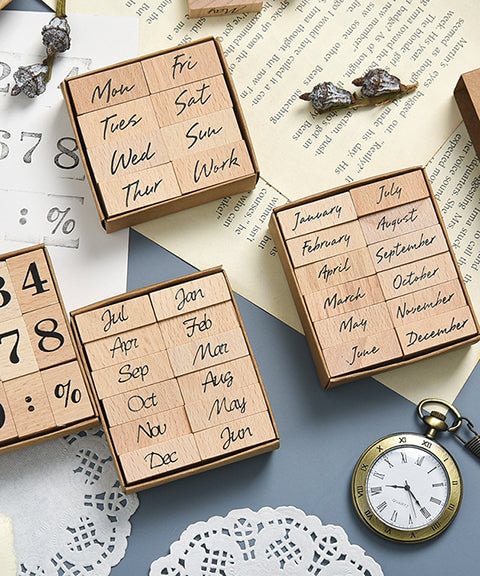 Week & Month Wooden Rubber Stamps Set-Himinee.com