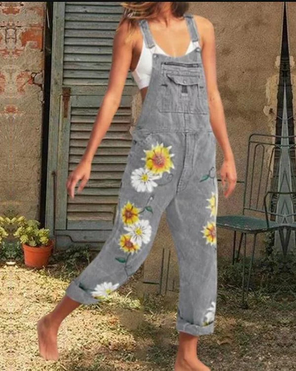 sleeveless denim floral floral print one pieces jumpsuit overalls p182041