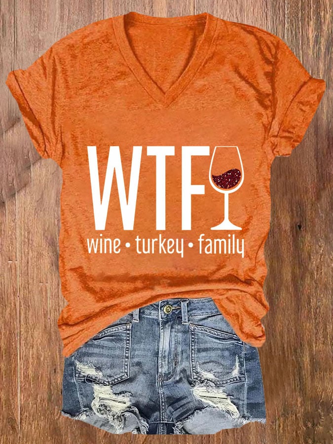 Women's Wine Turkey Family Print Casual T-Shirt