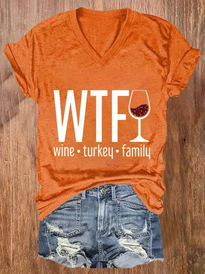 Women's Wine Turkey Family Print Casual T-Shirt 