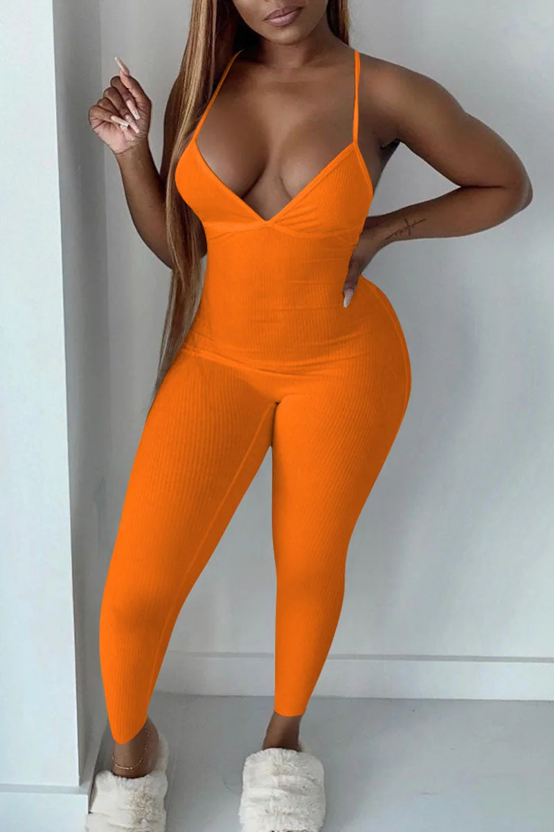 Sexy Solid Split Joint Spaghetti Strap Skinny Jumpsuits