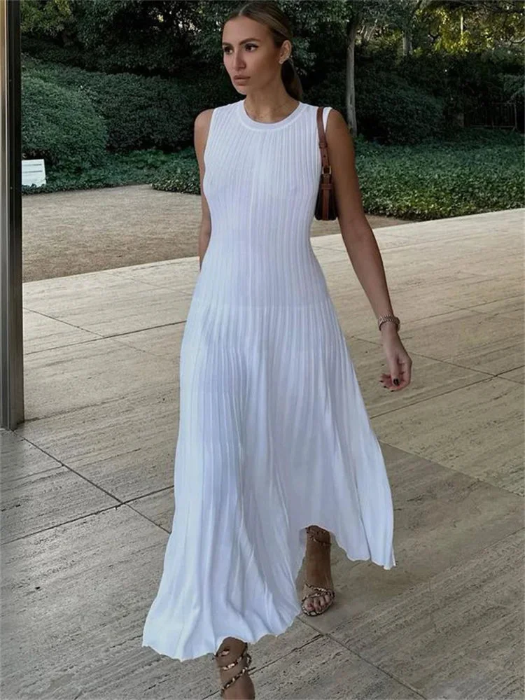 Huiketi Knitwear White Casual Long Dress For Women Sleeveless High Waist Slim Strapless Loose Dress Solid Basic Ladies Maxi Dress