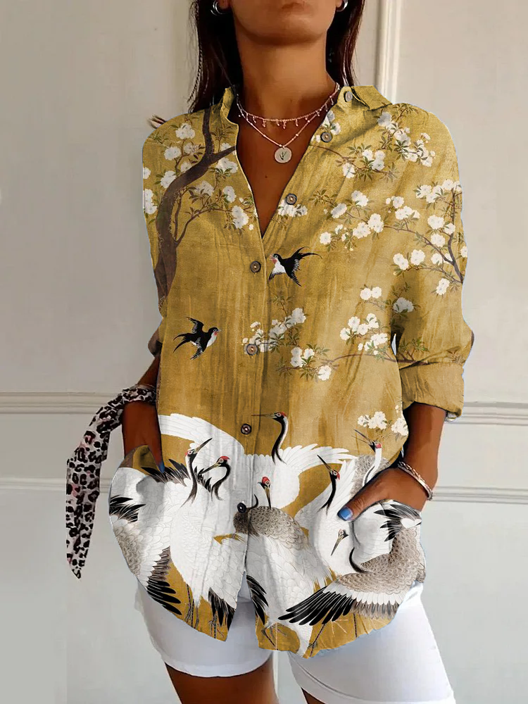 Classic White Crane Plum Blossom Casual Long-sleeved Shirt