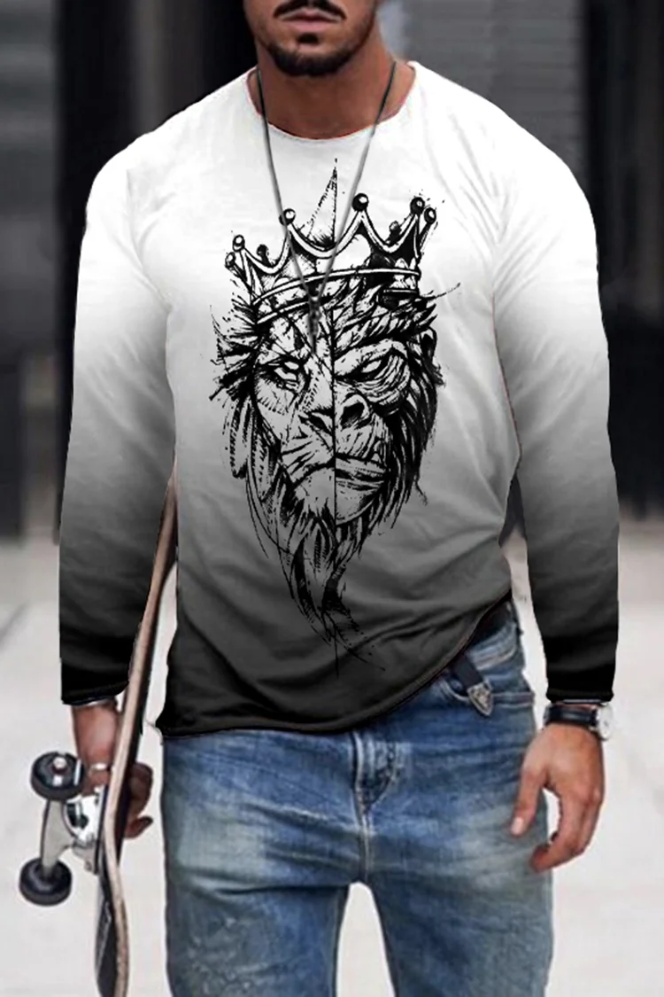Leisure Gray And White Gradient Long Sleeves T-Shirt