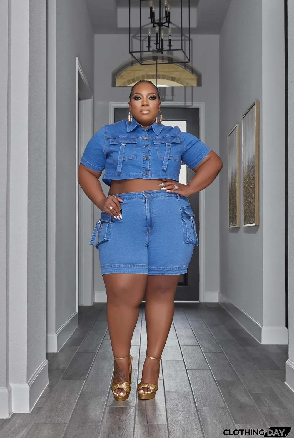 Women Plus Size Casual Pocket Stretch Denim Short Sleeve Crop Top and Shorts Two-Piece Set