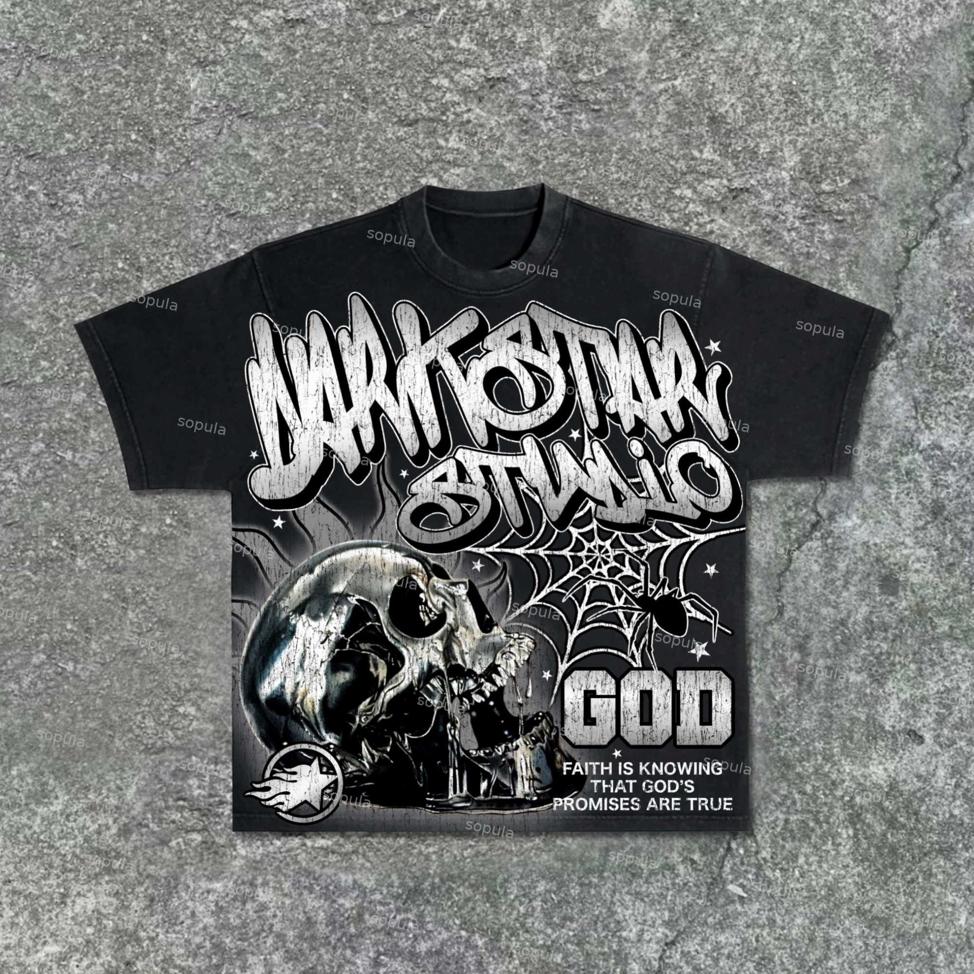 Sopula Darkstar-God's Skull Print Pattern Acid Washed T-Shirt
