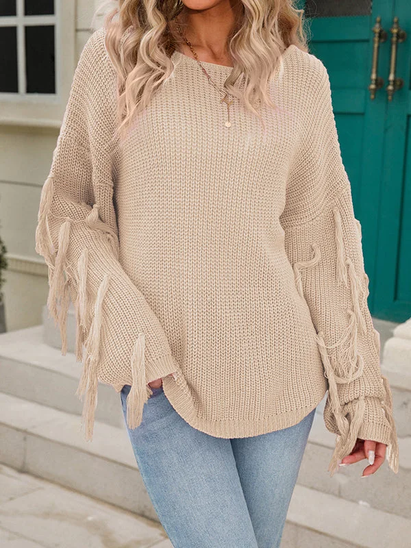 Knitted Tassel Solid Color Loose Sweater