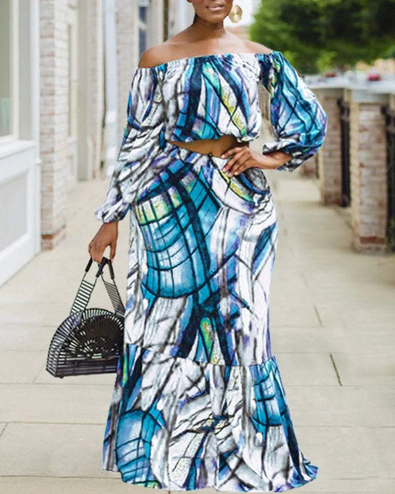 Off-the-shoulder Abstract Contrast Print Skirt Suit