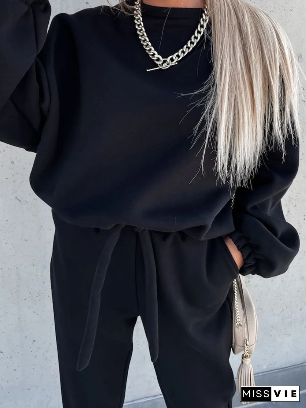 Plain O-Neck Casual Long-Sleeved Sweatshirt Two-Piece Suit