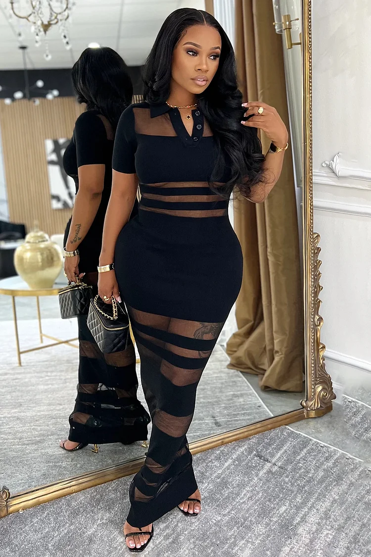 Mesh Patchwork Short Sleeve Bodycon Party Maxi Dresses-Black
